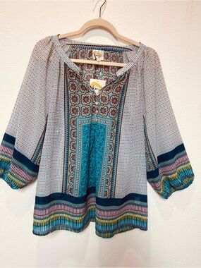 Boho-Print Peasant Blouse in Teal and Blue